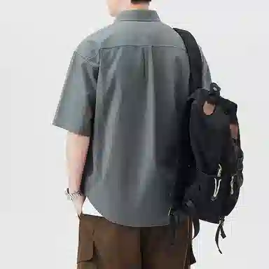 帝狼牛 极简风潮牌休闲纯色翻领纯棉透气吸汗宽松百搭短袖衬衫 男女同款