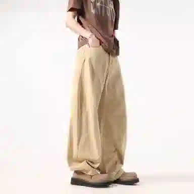 帝狼牛 美式复古水洗做旧弯刀皱褶纽扣门襟直筒垂感拖地潮流百搭拖地休闲裤 男女同款