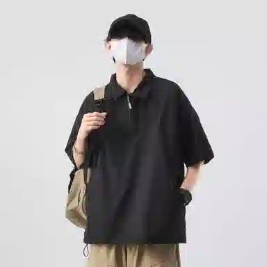 帝狼牛 半拉链套头工装翻领抽绳透气孔设计通勤潮酷简约百搭休闲舒适时尚短袖衬衫 男女同款