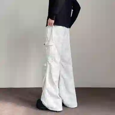 帝狼牛 美式复古高街设计感褶皱多口袋百搭宽松直筒学院风青少年痞帅穿搭舒适重工水洗休闲工装裤 男女同款