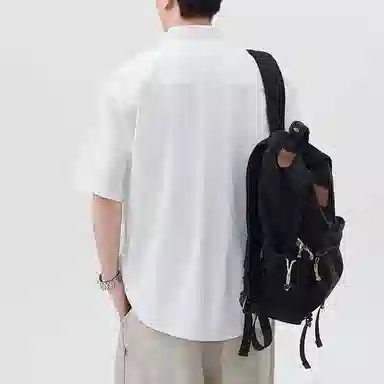 帝狼牛 户外休闲美式复古个性不规则口袋设计日系港风宽松百搭出勤日常时尚舒适工装短袖衬衫 男女同款