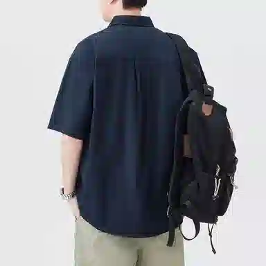 帝狼牛 户外休闲美式复古个性不规则口袋设计日系港风宽松百搭出勤日常时尚舒适工装短袖衬衫 男女同款
