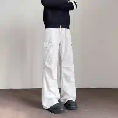 帝狼牛 美式复古高街设计感褶皱多口袋百搭宽松直筒学院风青少年痞帅穿搭舒适重工水洗休闲工装裤 男女同款