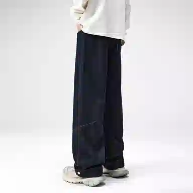 帝狼牛 美式复古明线宽松高腰男系带百搭纯色休闲阔腿直筒裤子牛仔裤 男女同款