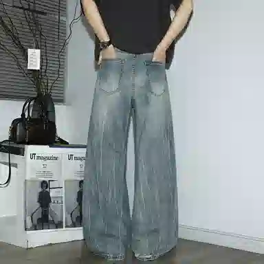 帝狼牛  美式复古做旧破洞设计弯刀宽松百搭阔腿潮牌牛仔裤 男女同款