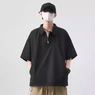 帝狼牛 半拉链套头工装翻领抽绳透气孔设计通勤潮酷简约百搭休闲舒适时尚短袖衬衫 男女同款