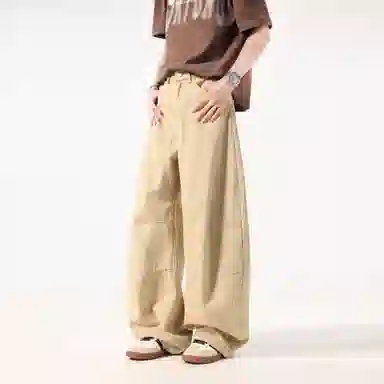 帝狼牛 美式复古水洗做旧弯刀皱褶纽扣门襟直筒垂感拖地潮流百搭拖地休闲裤 男女同款