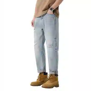帝狼牛 韩版宽松直筒水洗做旧破洞设计慵懒舒适百搭时尚休闲牛仔裤 男女同款