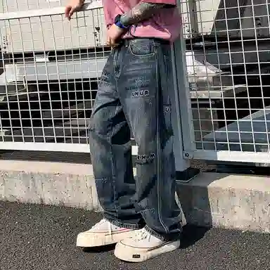 帝狼牛 做旧舒适磨白宽松刺绣字母复古水洗休闲牛仔裤 男女同款