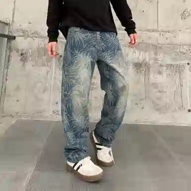 帝狼牛 美式复古植物树叶印花高级感长裤时尚潮牌宽松中腰直筒垂感水洗做旧通勤休闲百搭牛仔裤 男女同款