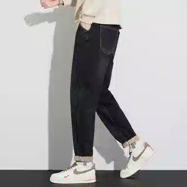 帝狼牛 美式复古休闲抽绳水洗微锥直筒牛仔裤 男女同款