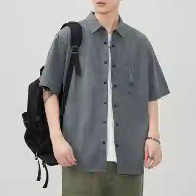 帝狼牛 美式户外撞色拼接复古做旧耐磨宽松休闲百搭舒适透气拉链口袋工装短袖衬衫 男女同款