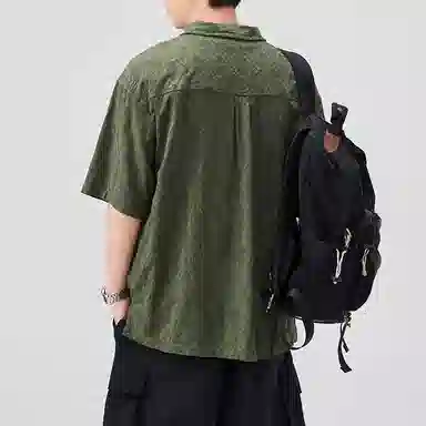 帝狼牛 美式复古潮牌肌理感国潮宽松透气百搭柔软舒适通勤户外纯棉口袋短袖衬衫 男女同款