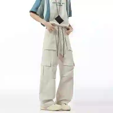 帝狼牛 美式基础款纯色薄款户外山系多口袋机能风降落伞兵裤宽松运动直筒阔腿拖地休闲工装裤 男女同款
