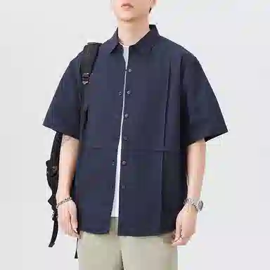 帝狼牛 纯色透气简约翻领轻便舒适时尚纽扣拼接设计感百搭短袖衬衫 男女同款