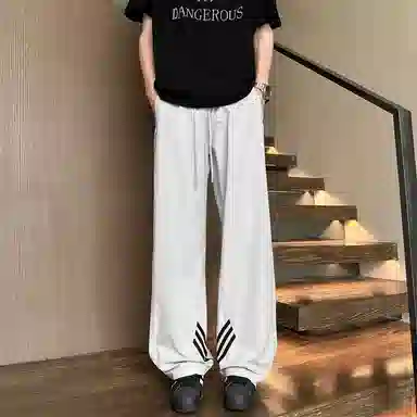 帝狼牛 三条杠条纹复古垂坠感运动户外透气速干直筒裤美式高级感慵懒清爽长裤宽松大码遮肉显瘦舒适百搭休闲裤 男女同款