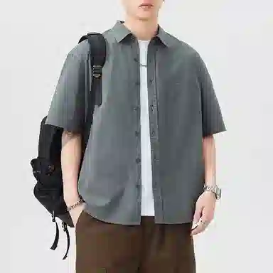 帝狼牛 户外休闲美式复古个性不规则口袋设计日系港风宽松百搭出勤日常时尚舒适工装短袖衬衫 男女同款