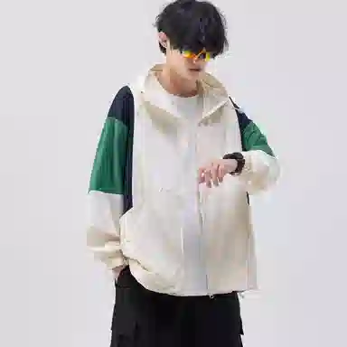 帝狼牛 薄款拼接可调节抽绳设计连帽潮流宽松休闲运动透气防晒服 男女同款