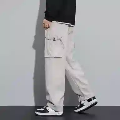 帝狼牛 美式复古高街宽松直筒大口袋纯色休闲遮肉户外机能风系带伞兵裤工装裤 男女同款