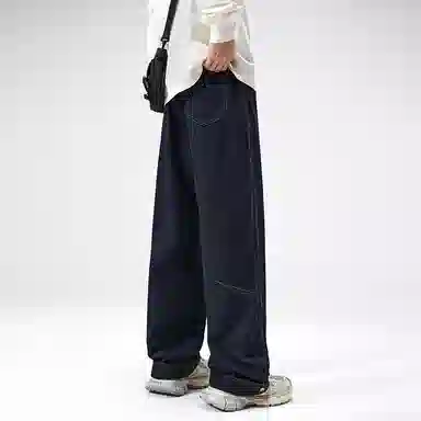 帝狼牛 美式复古明线宽松高腰男系带百搭纯色休闲阔腿直筒裤子牛仔裤 男女同款