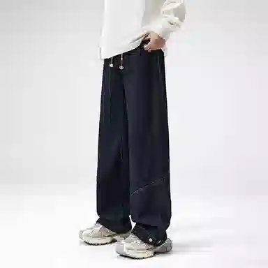 帝狼牛 美式复古明线宽松高腰男系带百搭纯色休闲阔腿直筒裤子牛仔裤 男女同款