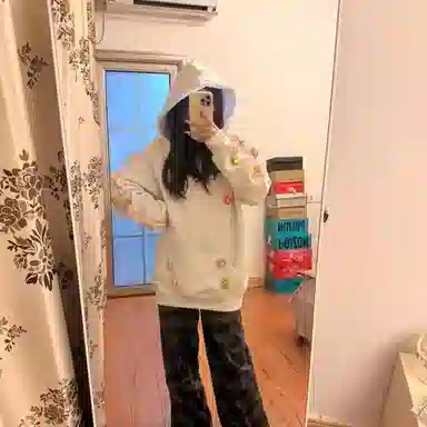 桴生 国潮美式手缝刺绣植绒立体花卉宽松连帽加绒潮牌外套卫衣 女款