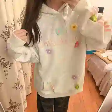 桴生 国潮美式手缝刺绣植绒立体花卉宽松连帽加绒潮牌外套卫衣 女款