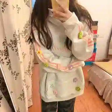 桴生 国潮美式手缝刺绣植绒立体花卉宽松连帽加绒潮牌外套卫衣 女款