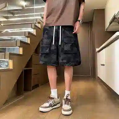 诗丹帝国 美式扎染工装裤高腰裤子大口袋五分裤潮牌休闲短裤 男款