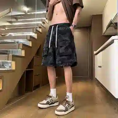 诗丹帝国 美式扎染工装裤高腰裤子大口袋五分裤潮牌休闲短裤 男款