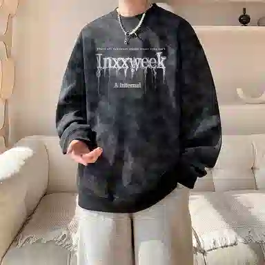 诗丹帝国 高级感扎染印花外套春秋男士青少年学生党慵懒风圆领长袖潮牌上衣宽松大码情侣款无帽卫衣 男款