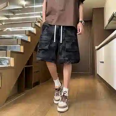 诗丹帝国 美式扎染工装裤高腰裤子大口袋五分裤潮牌休闲短裤 男款