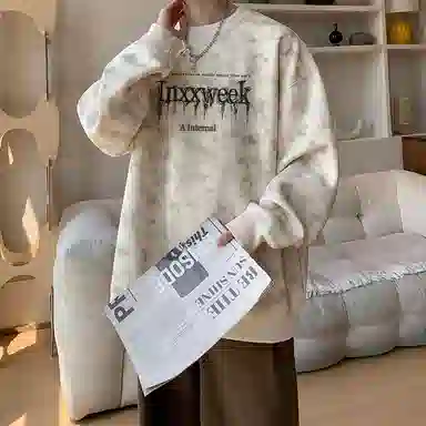 诗丹帝国 高级感扎染印花外套春秋男士青少年学生党慵懒风圆领长袖潮牌上衣宽松大码情侣款无帽卫衣 男款