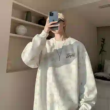 诗丹帝国 青少年美式扎染脏脏圆领外套春秋潮牌大码宽松上衣服情侣款无帽卫衣 男款