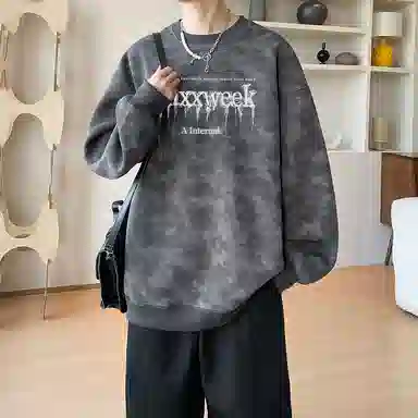 诗丹帝国 高级感扎染印花外套春秋男士青少年学生党慵懒风圆领长袖潮牌上衣宽松大码情侣款无帽卫衣 男款