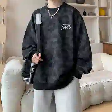 诗丹帝国 青少年美式扎染脏脏圆领外套春秋潮牌大码宽松上衣服情侣款无帽卫衣 男款