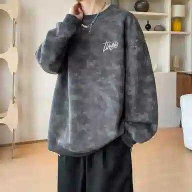 诗丹帝国 青少年美式扎染脏脏圆领外套春秋潮牌大码宽松上衣服情侣款无帽卫衣 男款