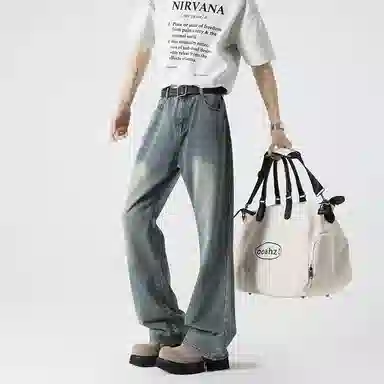 诗丹帝国 直筒阔腿潮牌美式弯刀牛仔裤 男款