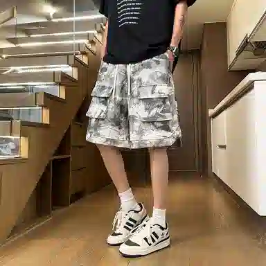 诗丹帝国 美式扎染工装裤高腰裤子大口袋五分裤潮牌休闲短裤 男款