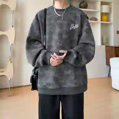 诗丹帝国 青少年美式扎染脏脏圆领外套春秋潮牌大码宽松上衣服情侣款无帽卫衣 男款