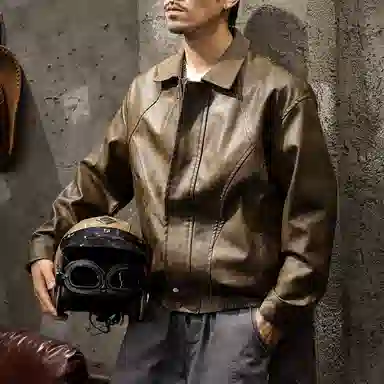 路杰邦 美式经典复古软男宽松机车服潮牌硬汉皮夹克外套男春秋款皮衣 男款