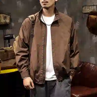 路杰邦 美式复古工装外套男秋季宽松立领休闲咖色防风机车潮牌夹克 男款