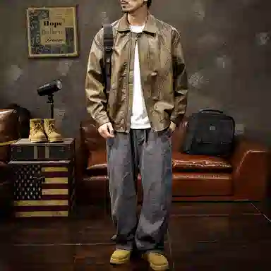 路杰邦 美式经典复古软男宽松机车服潮牌硬汉皮夹克外套男春秋款皮衣 男款