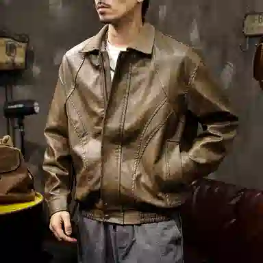 路杰邦 美式经典复古软男宽松机车服潮牌硬汉皮夹克外套男春秋款皮衣 男款