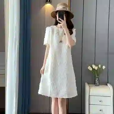 黛尔佳人 纯色适中高腰宽松圆领短袖连衣裙 女款