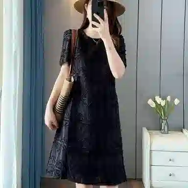 黛尔佳人 纯色适中高腰宽松圆领短袖连衣裙 女款