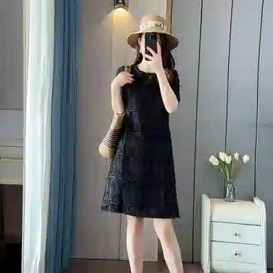 黛尔佳人 纯色适中高腰宽松圆领短袖连衣裙 女款