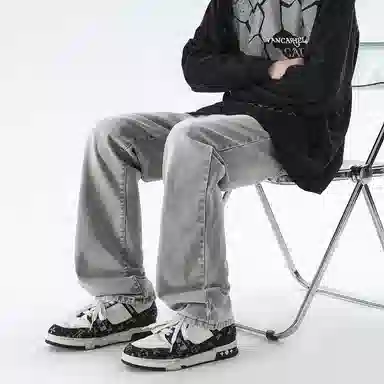 美式高街复古做旧直筒潮流宽松基础纯色显高垂感高腰痞帅设计感休闲百搭款经典牛仔裤 男女同款