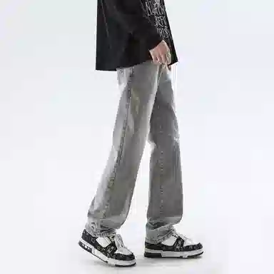 美式高街复古做旧直筒潮流宽松基础纯色显高垂感高腰痞帅设计感休闲百搭款经典牛仔裤 男女同款