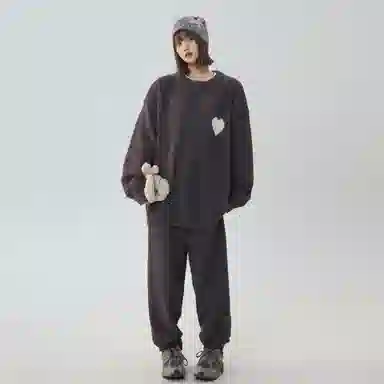 大卫贝肯 简约复古爱心提花宽松休闲可外穿纯色半边绒透气柔软亲肤高弹力长袖圆领情侣居家睡衣套装 男女同款